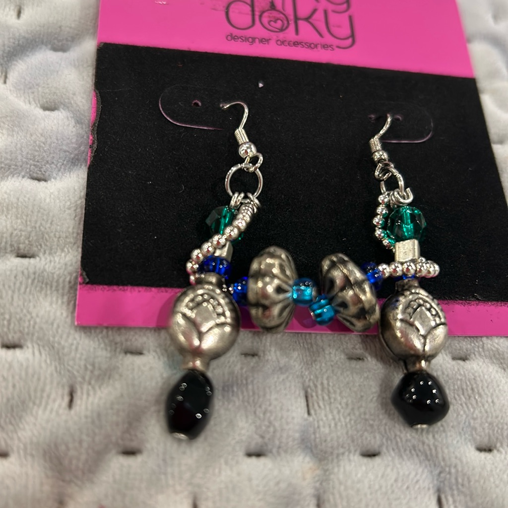 Silver And Blue Beaded Earrings-Boutique 15$